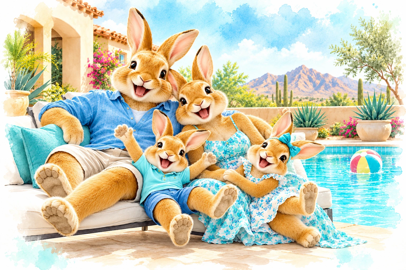 Happy, relaxed Mom and Dad bunny laughing with their two playful little bunnies beside an aqua pool with a beach ball