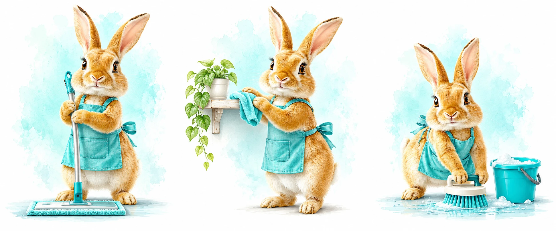 A golden bunny cleaning with a flat Swiffer-style mop